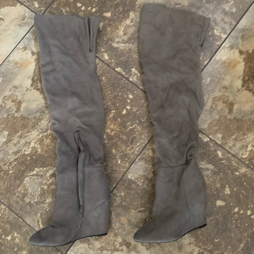 Thigh high gray wedge boots (used)